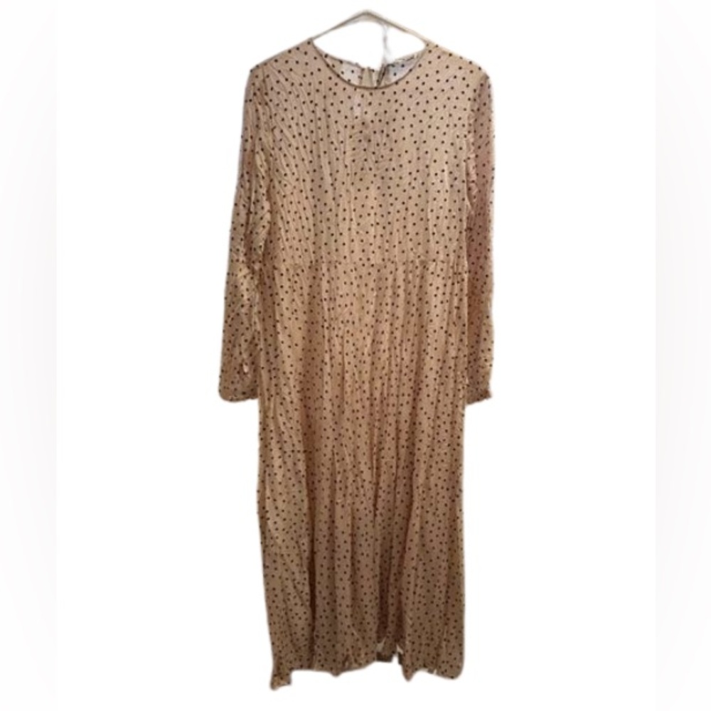 ZARA satin tiered dot midi dress, long sleeve . Size L.